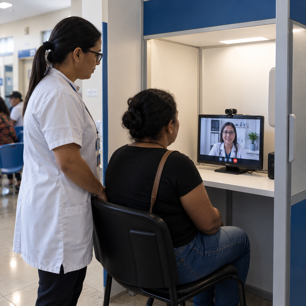 Paciente em cabine de telemedicina acompanhada por profissional de saúde